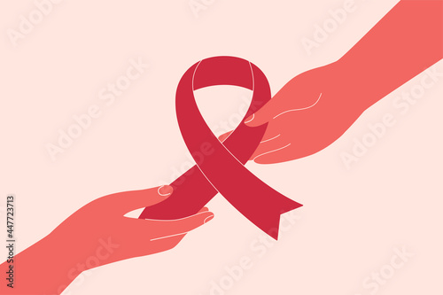 Pink ribbon is passing from hand to hand. Breast cancer awareness concept with human arms holding big pink ribbon. Medical vector illustration.