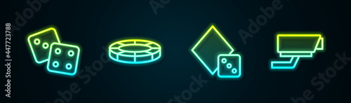 Set line Game dice, Casino chips, and Security camera. Glowing neon icon. Vector