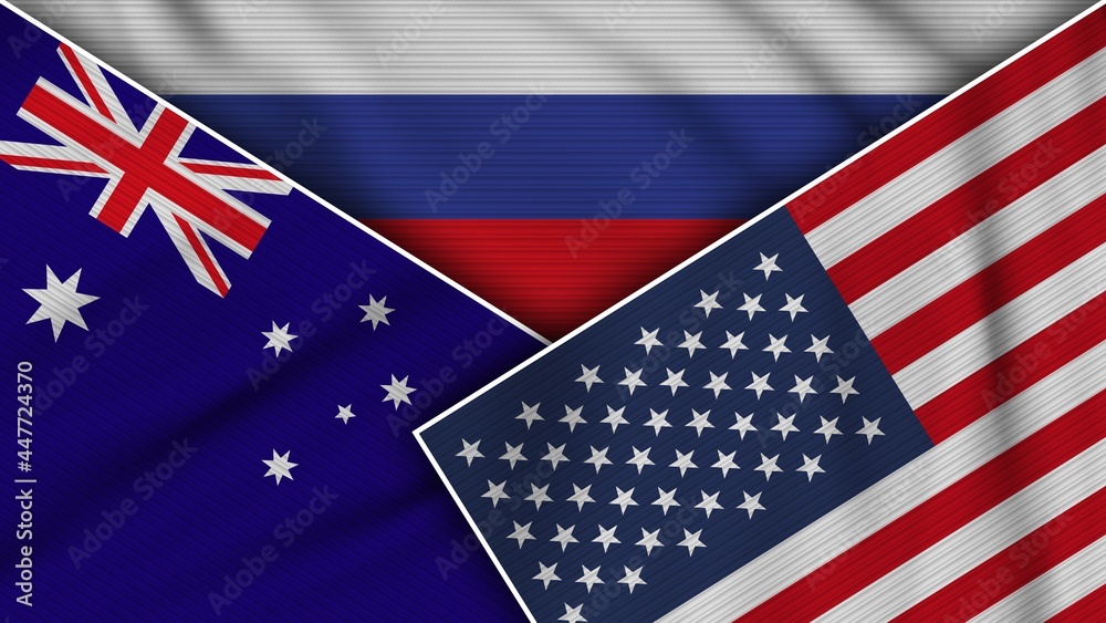 Russia United States of America Australia Flags Together Fabric Texture Effect Illustration Russia United States of America Australia Flags Together Fabric Texture Effect Illustration