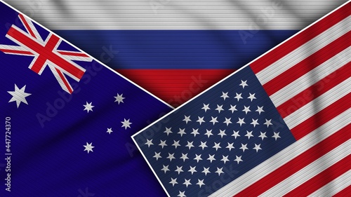 Russia United States of America Australia Flags Together Fabric Texture Effect Illustration