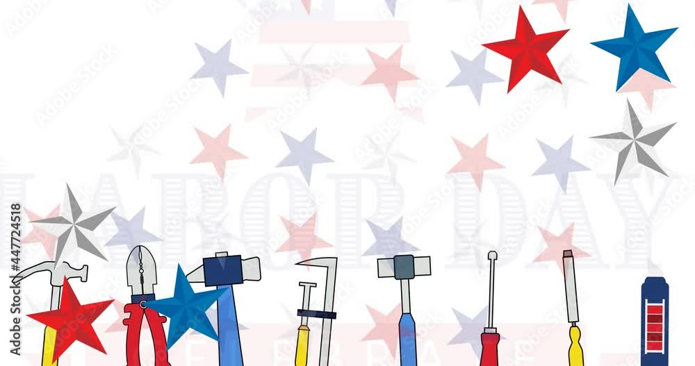 Animation of labor day celebrate text over tools and american flag stars