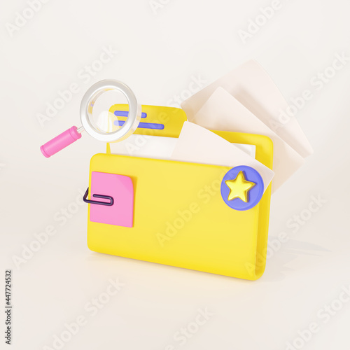Yellow folder with files and magnifying glass. File management system, online document storage, archive. 3d render