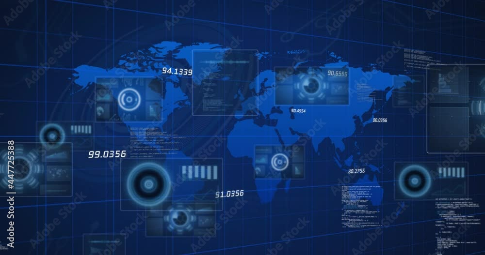 Animation of world map and data processing on interface Animation of world map and data processing on interface