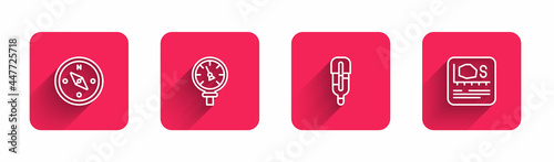 Set line Compass, Pressure water meter, Medical thermometer and Area measurement with long shadow. Red square button. Vector