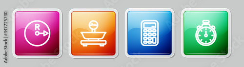Set line Radius, Scales, Calculator and Stopwatch. Colorful square button. Vector