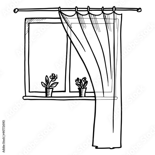 Sketch window, black and white interior with transparent background 