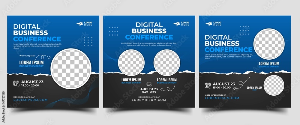 Set of Social media post banners for webinar. Editable square banner with a black and blue background color. Usable for webinar invitations, meeting announcements, online courses, and others