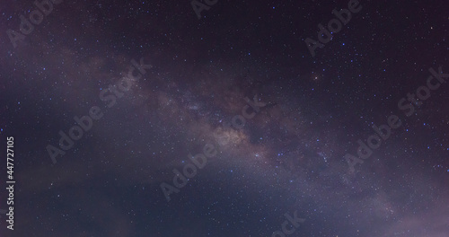 Panorama blue night sky milky way and star on dark background. Universe filled with stars, nebula and galaxy with noise . select white balance and selection focus.