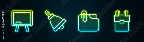 Set line Chalkboard, Ringing bell, Document folder with clip and School backpack. Glowing neon icon. Vector