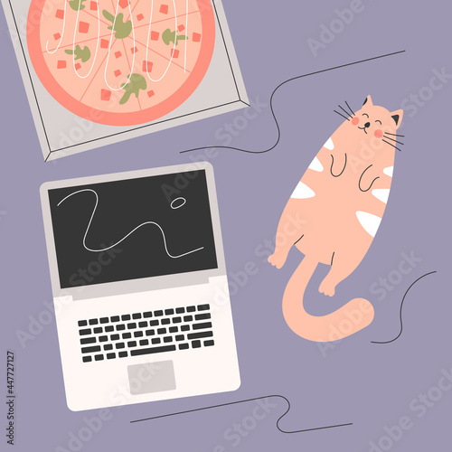 Funny red cat sleeping near laptop and pizza. Pizza delivery service. Work from home. Relax in bed with movie and pizza concept. Flat vector illustration.
