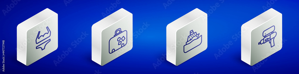 Set Isometric line Swimsuit, Suitcase, Cruise ship and Water gun icon. Vector Set Isometric line Swimsuit, Suitcase, Cruise ship and Water gun icon. Vector