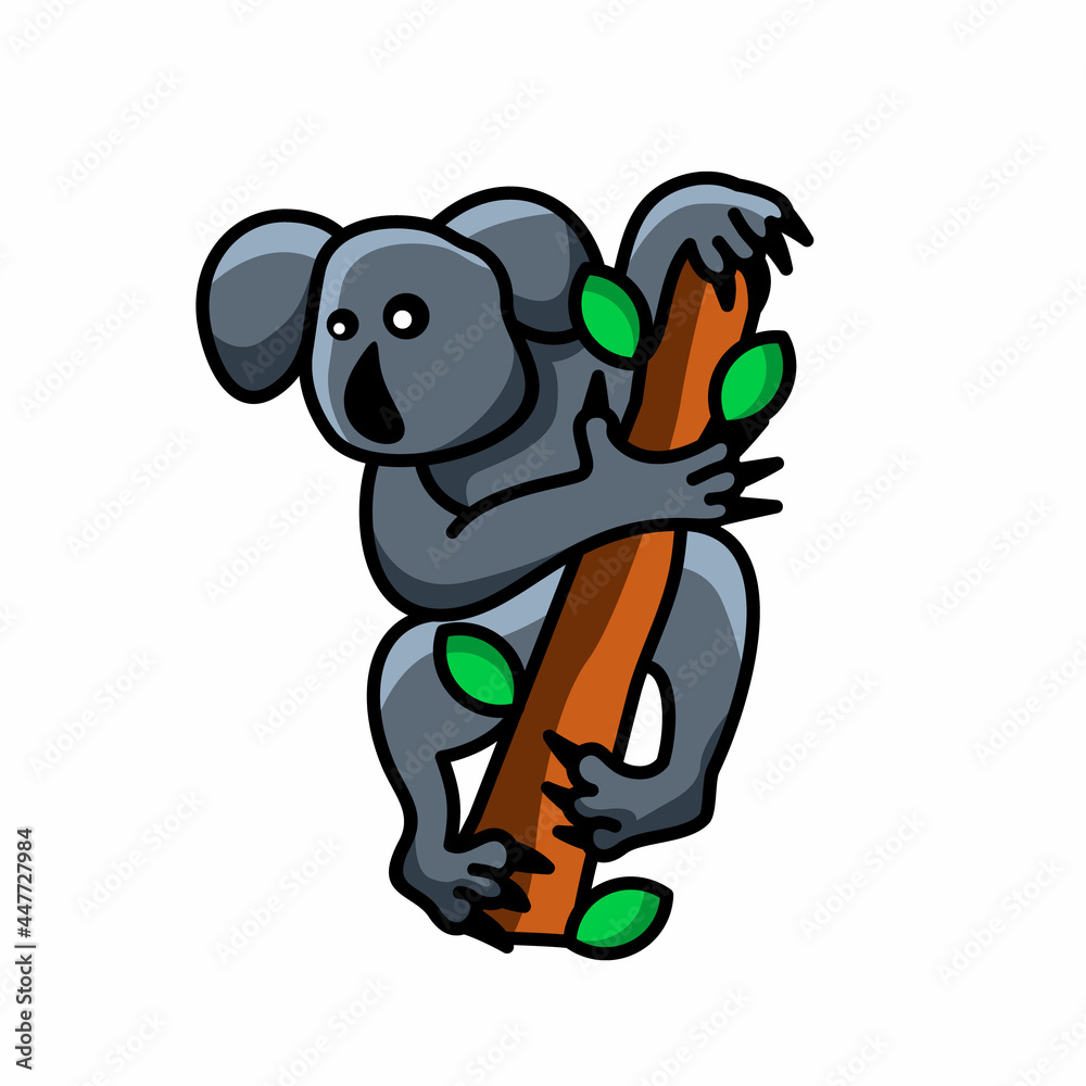 Fototapeta premium Koala unique hanging on a tree .mascot cartoon vector logo Design .Animal Nature Icon Concept Suitable for creative industries,t-shirts,stickers , etc