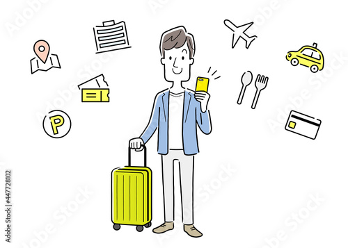 ベクターイラスト素材：旅行先でスマホのアプリを活用する若い男性
