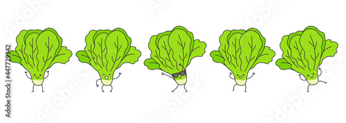 Lettuce leaves green salad character cartoon dancing happy emotions set icon logo vector illustration.