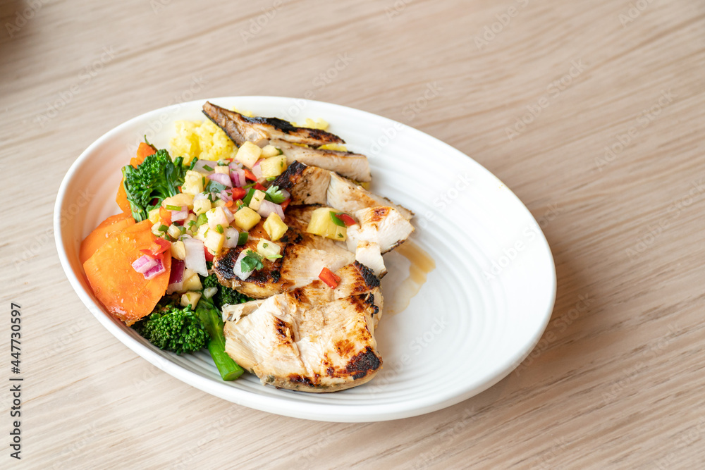Healthy Grilled Chicken Rice Bowl Angled Healthy Grilled Chicken Rice Bowl Angled