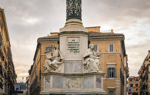 Statues of Patriarch Moses and King David  at the base of  the Colonna della Immacolata (Column of the Immaculate Conception) in Piazza Mignanelli, Rome, Italy photo