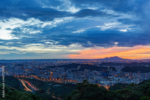 Sunset high angle view of the cityscape form Wenshan District