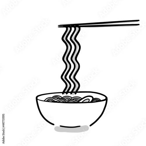 Japanese food illustration. Hand drawn sketch. Japanese cuisine. Vector illustration of ramen noodle in a bowl. Menu design elements. Isolated objects. 