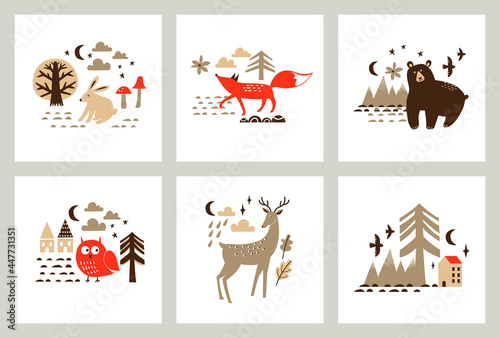 Vector illustrations with cute forest animals and trees in scandinavian style. Nursery prints for bags, paper stationery, packaging, home textile, clothing and more.