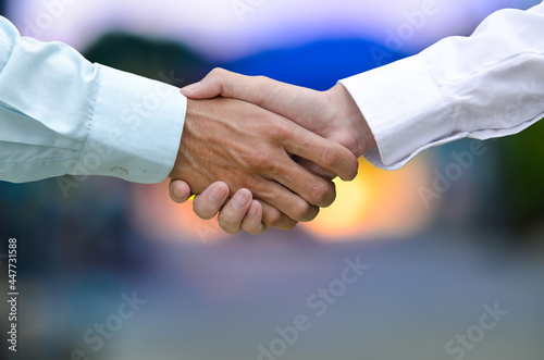 handshake of two businessmen on bright light background