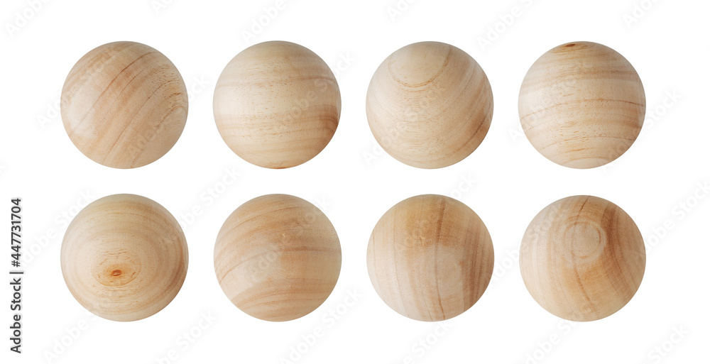 Set pack of wooden spheres with different beautiful abstract texture isolated on a white background with clipping path