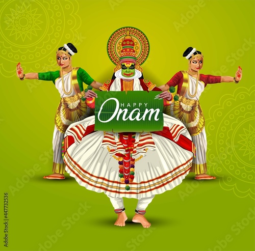 happy onam with kathakali holding banana leaf on hand, use for poster, leaflet , banner photo