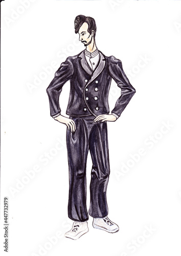 Man in the black velvet suit with white sneakers isolated on the white background. Watercolor illustration.