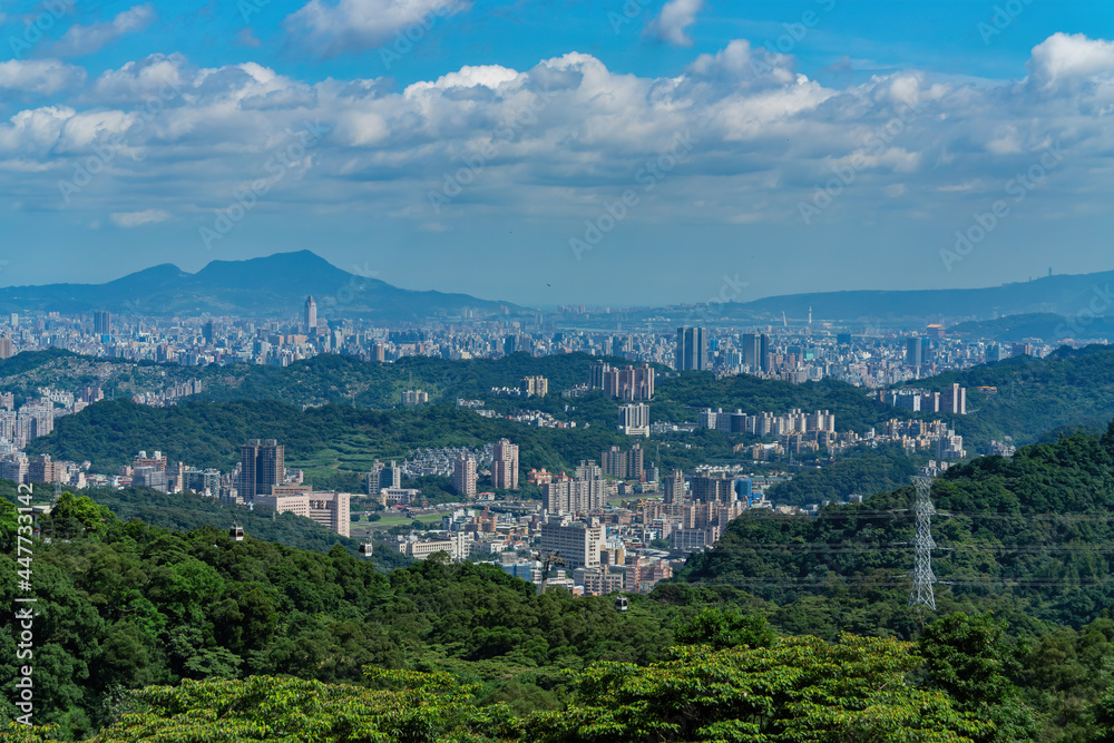 Morning sunny high angle view of the Taipei area from MaoKong