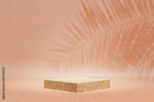 Fototapeta Naklejka Na Ścianę i Meble -  Cosmetic display product stand. Wood block podium on pastel orange background with palm leaf shadow. 3D rendering illustration