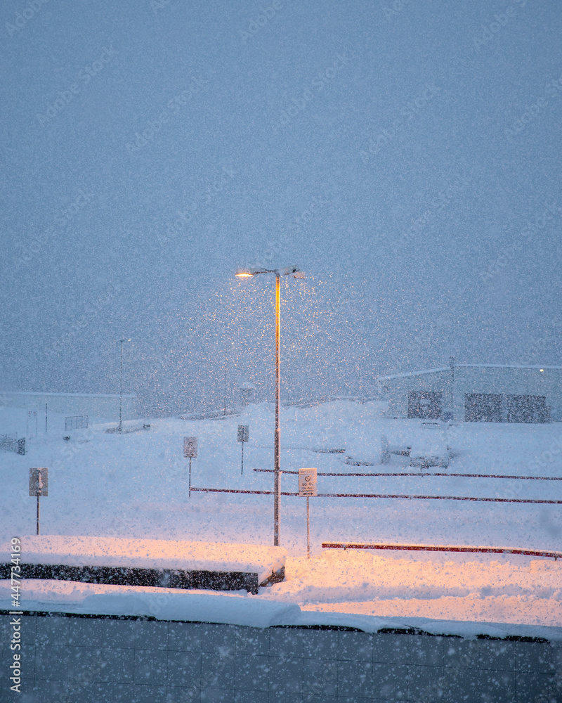 Travel lifestyle view of snowy lamppost in snow storm in blue hour, in Tromso, Arctic Circle, northern Norway. Travel lifestyle view of snowy lamppost in snow storm in blue hour, in Tromso, Arctic Circle, northern Norway.