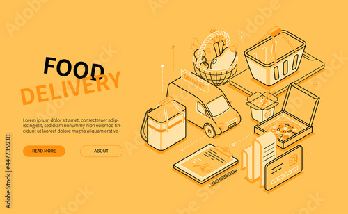 Food delivery - yellow line design style isometric banner