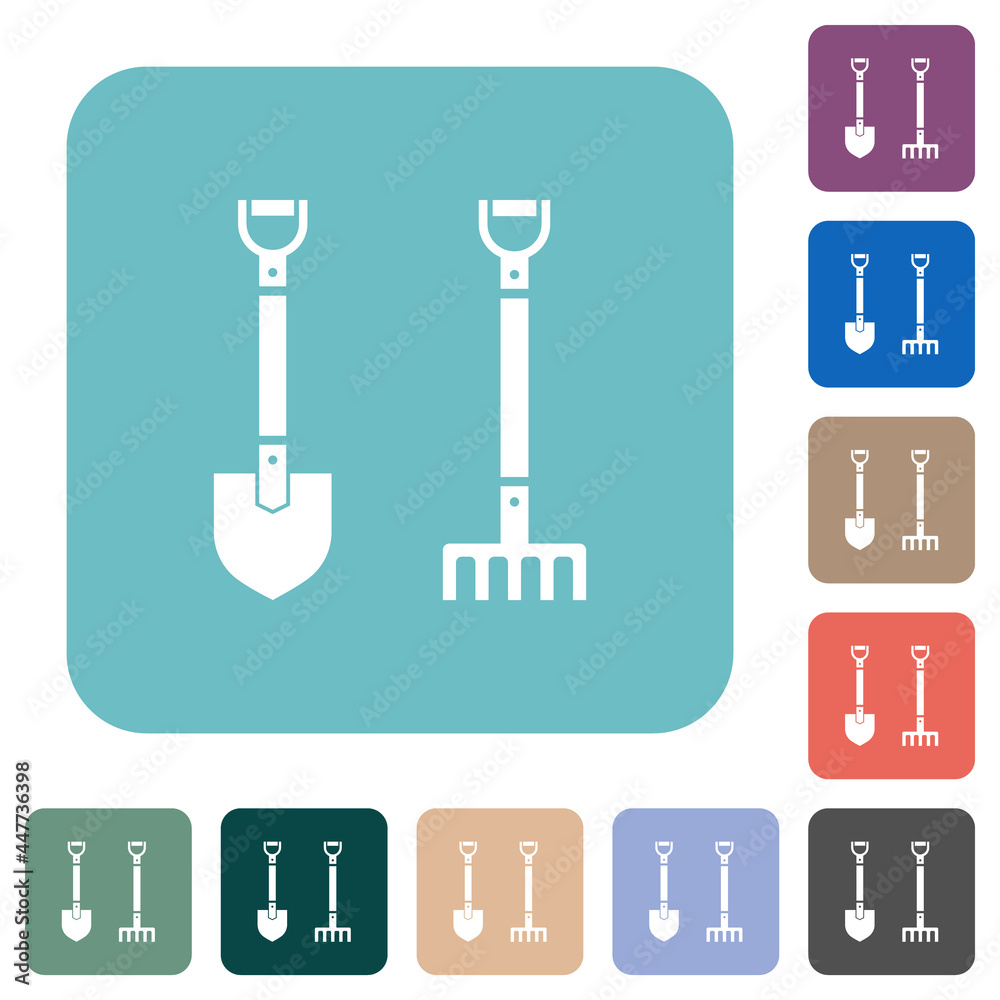 Shovel and rake rounded square flat icons Shovel and rake rounded square flat icons