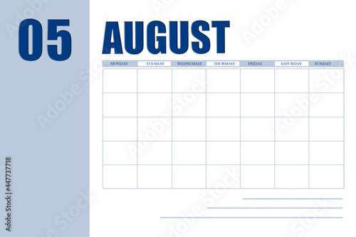 august 5. 5th day of month, calendar date.Event planner for month, agenda. Table with weeks of month for reminders. Concept of day of year, time planner, summer month