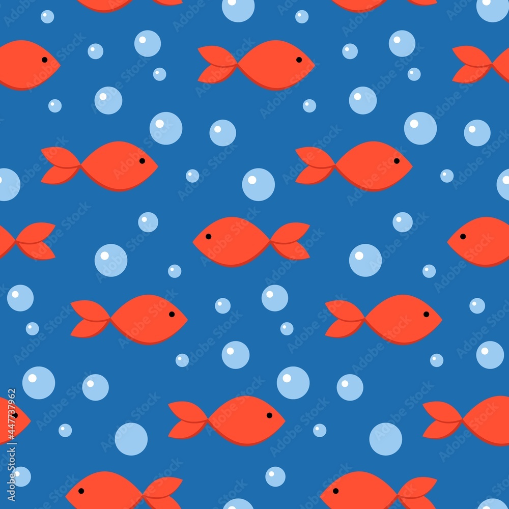 Cute seamless pattern with minimalistic red fishes and bubbles on dark blue backgruond. Designed for nursery room