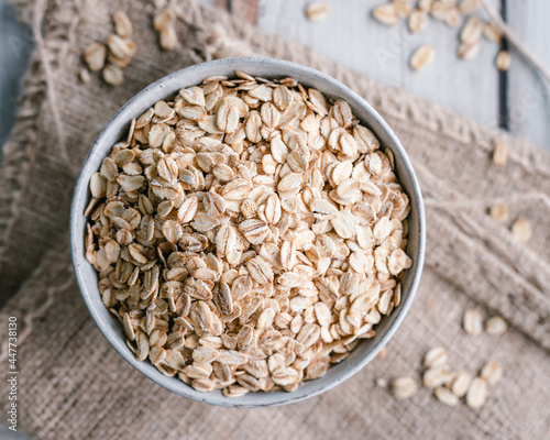 Overhead view of a bowl of Rolled oats photo