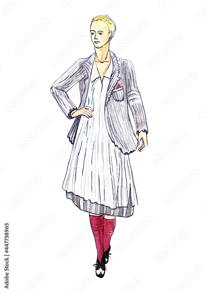 Woman in grey striped dress and jacket isolated on the white background. Watercolor fashion illustration Woman in grey striped dress and jacket isolated on the white background. Watercolor fashion illustration