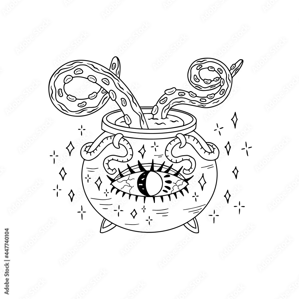 Magic cauldron with potion and tentacles. Hand-drawn isolated vector doodle illustration of a witch's pot. Black outline. Design for logo, icon, banner, halloween.
