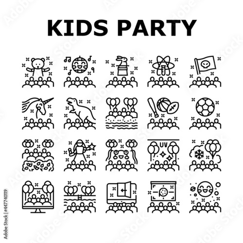 Kids Birthday Party Collection Icons Set Vector. Magic And Disco Kids Birthday Party, Outdoor Soccer Sport And Virtual Escape Room, Pool And Beach Black Contour Illustrations