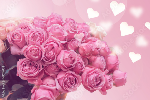 beautiful bouquet of pink roses. Bokeh in the form of a photo with a bouquet of flowers. Romantic roses on a postcard. copy space