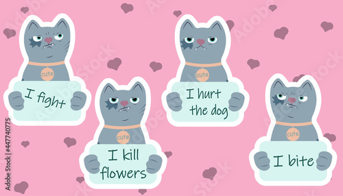 cat with text poster I fight bite kill flowers hurt the dog angry animal sarcasm contempt suspicion muzzle paws cute pet