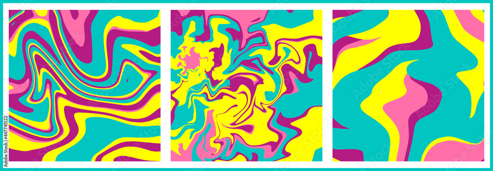 Colorful wavy liquid background set in 70's hippie style