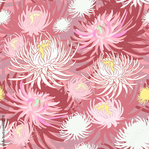 White and burgundy asters seamless pattern.Floral endless background for invitations, cards, print,gift wrap, manufacturing,textile,fabric,wallpapers,cover.Vector illustration.