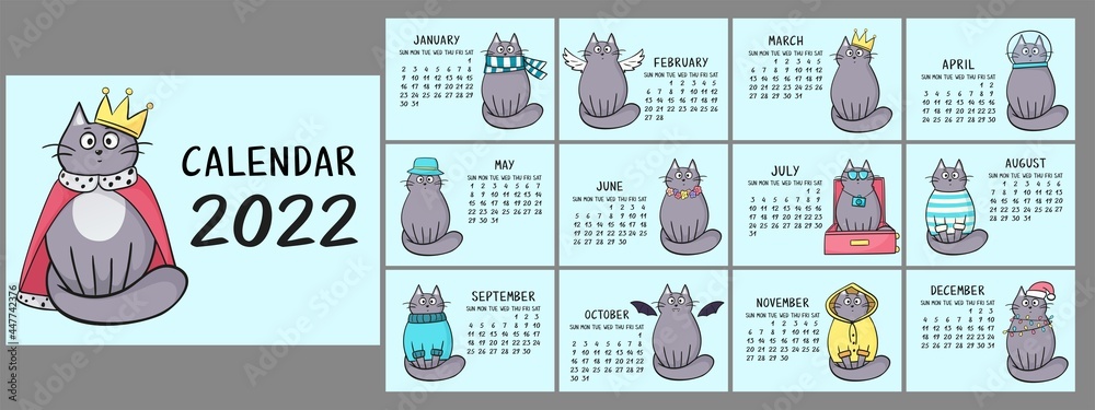 Vector calendar for 2022 on blue background with cartoon gray cats. A set of funny cats for every month.

