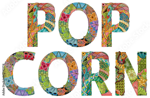 Word POPCORN. Vector zentangle object for decoration
