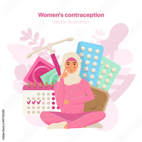 Woman thinking about contraception method. Concept of different ways of contraception for women. Birth control methods. Vector illustration.
