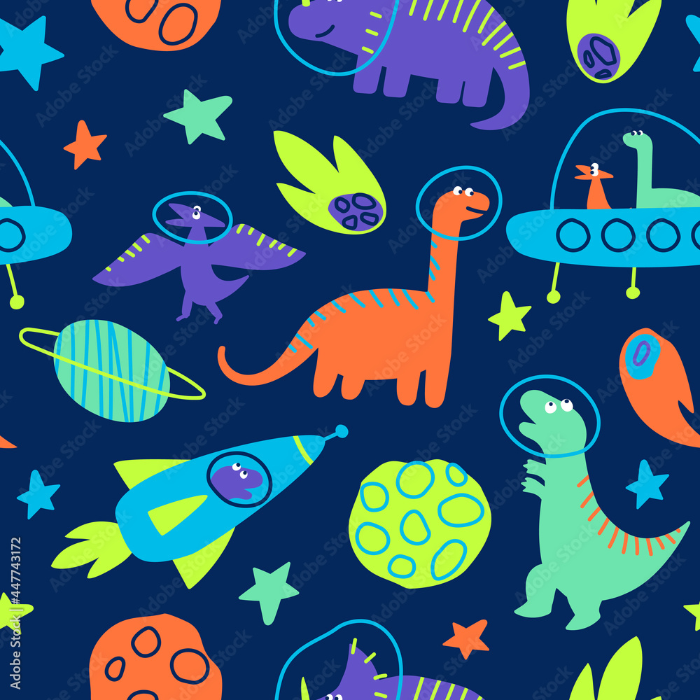 Seamless pattern of dinosaurs traveling in space.
Dino traveling the galaxy with stars, planets. Children's packaging with a space dinosaur. Flat vector illustration