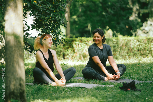 Cheerful girlfriends on yoga mat in summer park photo