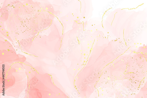 Abstract rose blush liquid watercolor background with golden lines  dots and stains. Pastel marble alcohol ink drawing effect. Vector illustration design template for wedding invitation