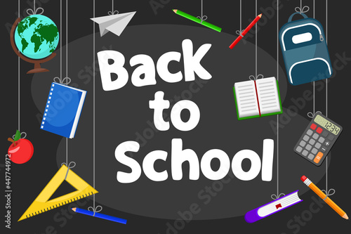 School background, school supplies hang on a black. Back to school