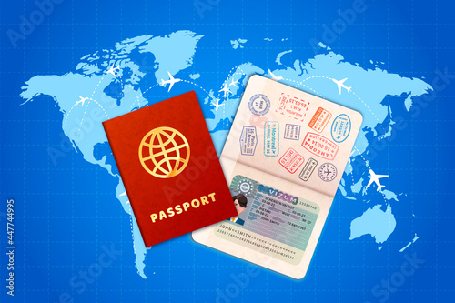 Couple passports with EU visa on world map with airline routes